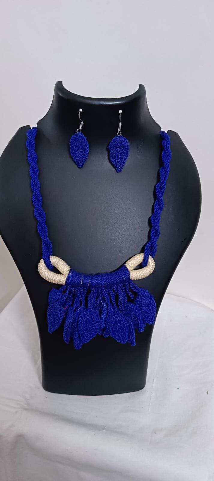 Dark Blue Crochet thread necklace set with leaf fringes and matching earrings