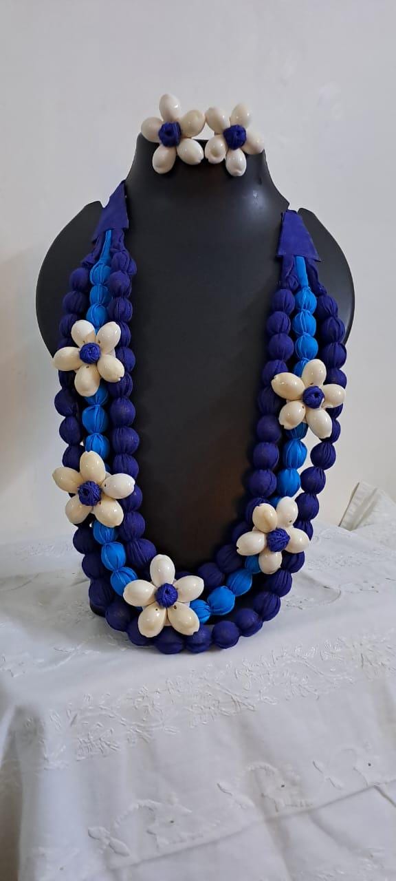 Exclusive multi-layered blue fabric necklace with shells n matching earrings
