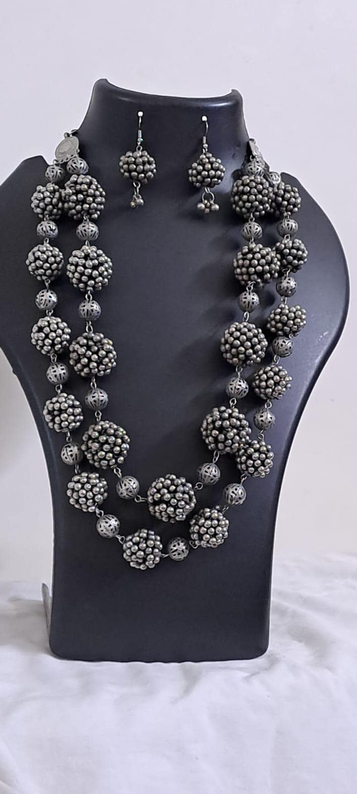Exclusive silver oxidised long chain set with matching earrings