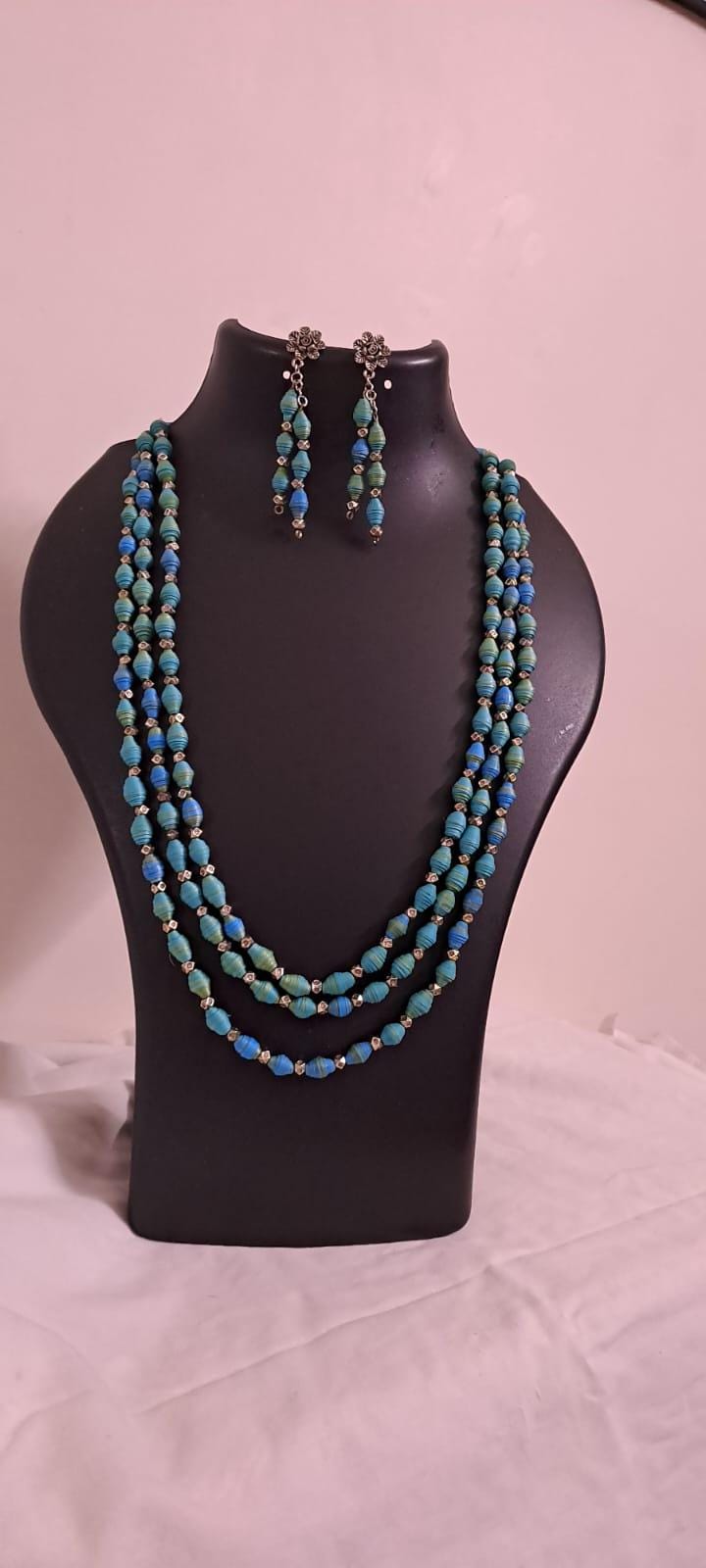 Blue paper beads necklace set
