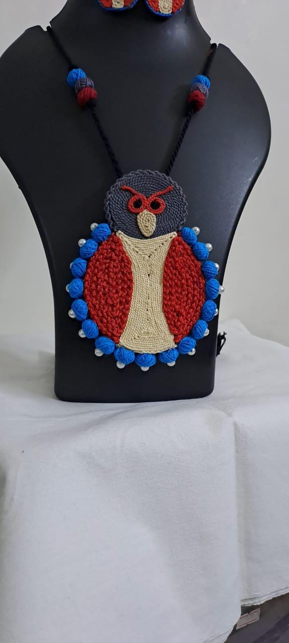 Handmade thread jewellery necklace set with owl pendant and matching earrings