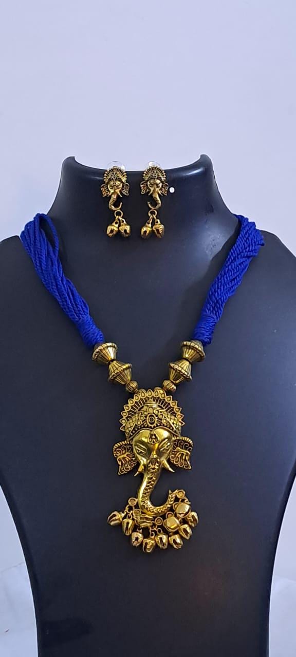 Blue thread necklace with Golden oxidised traditional pendant