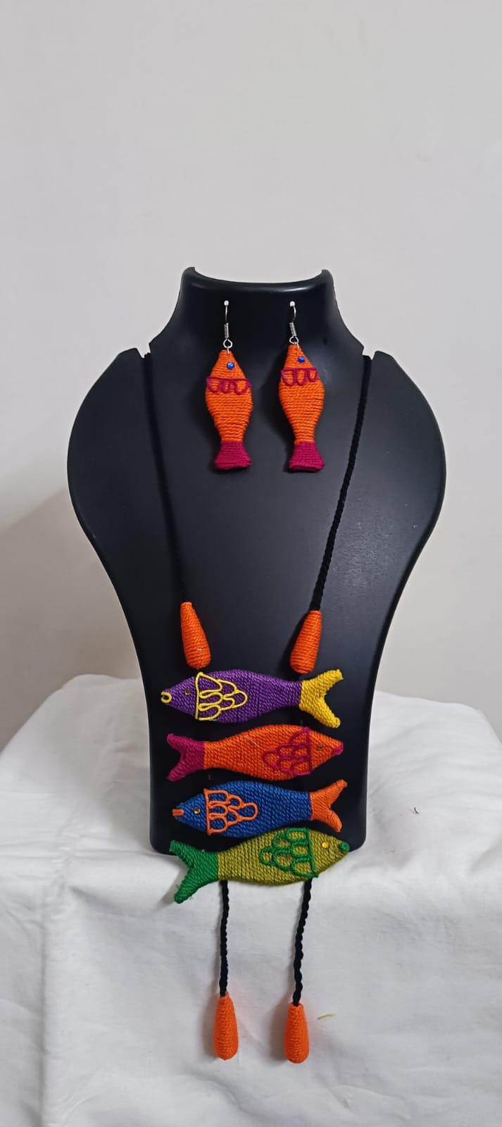 Multi colour crochet thread necklace with fish pendant and matching thread earrings