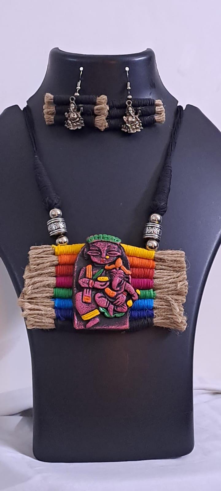 Terracotta Ganesha & Parvati pendant jute necklace set with matching earrings