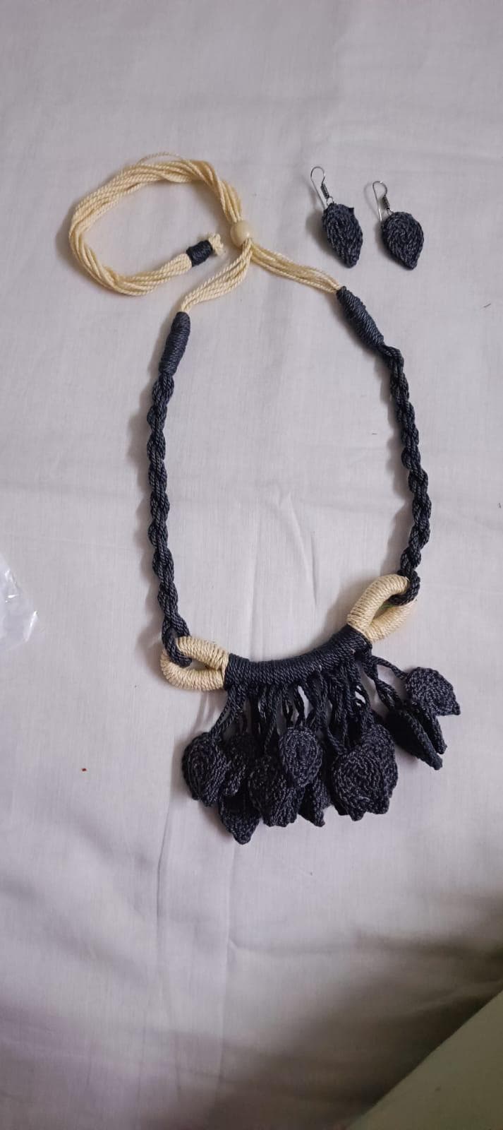 Grey Crochet thread necklace set with leaf fringes and matching earrings