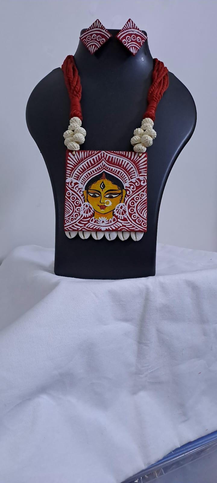 Handpainted fabric necklace set with earrings
