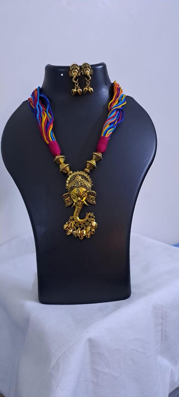 Multicoloured thread necklace with Golden oxidised traditional pendant