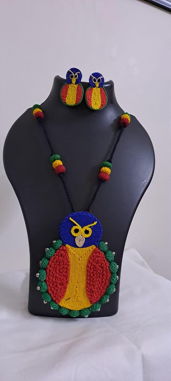 Handmade thread jewellery necklace set with owl pendant and matching earrings