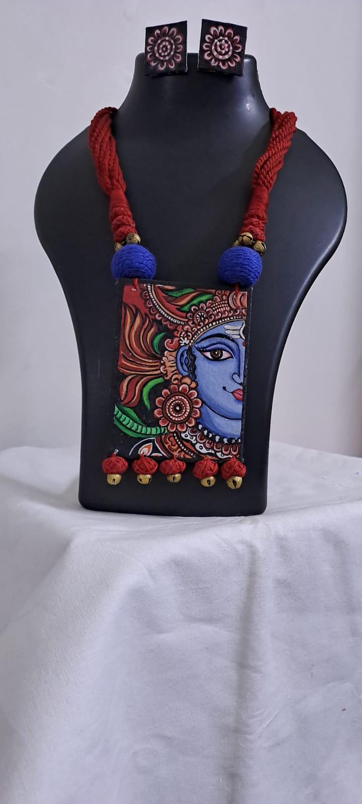 Handpainted fabric jewellery set with matching earrings