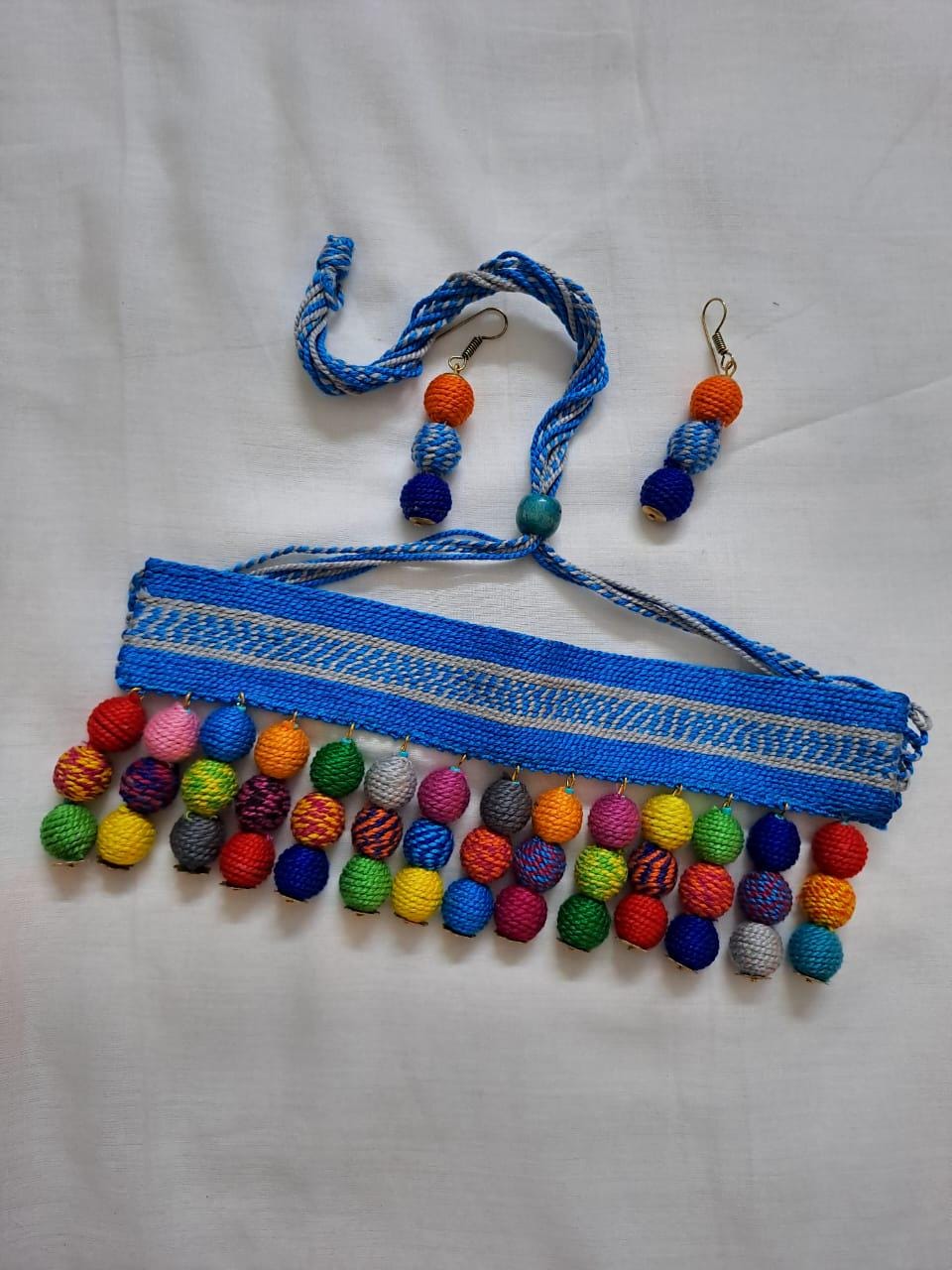 Crochet blue thread neckband with thread beads fringes n matching earrings