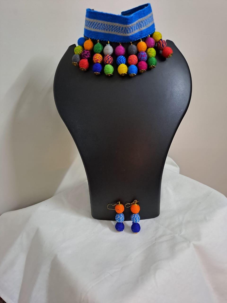 Crochet blue thread neckband with thread beads fringes n matching earrings
