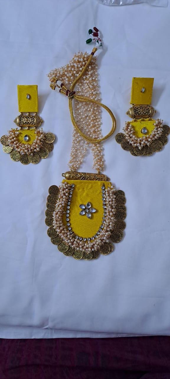 Exclusive Indian traditional yellow fabric necklace with laural beads and kundan n matching earrings