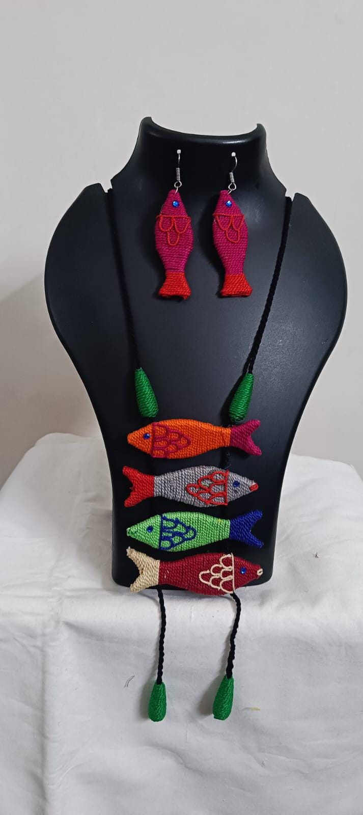 Multi colour crochet thread necklace with fish pendant and matching thread earrings