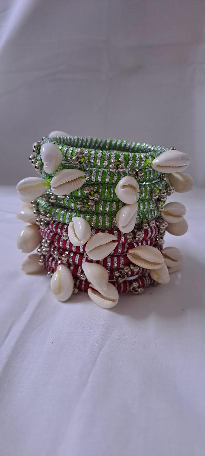 Red and green colour traditional zari thread and kori bangles (set of 10 bangles)