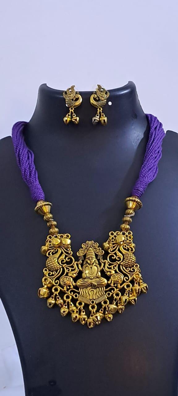 Purple thread necklace with Golden oxidised traditional pendant