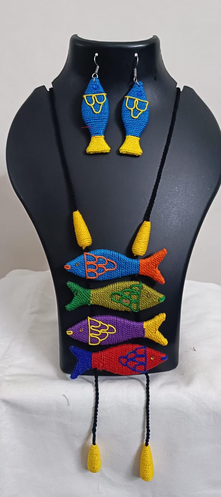 Multi colour crochet thread necklace with fish pendant and matching thread earrings