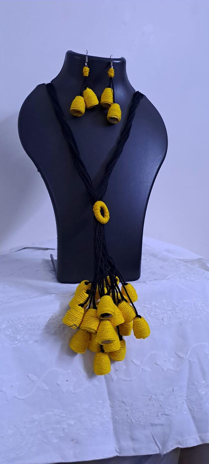 Yellow thread necklace with multiple thread aparajita flower fringes n matching earrings