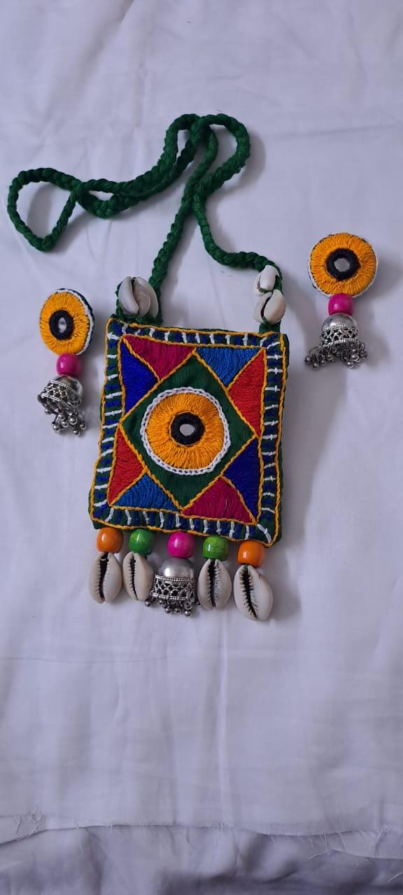 Hand embroidered Kutch Pattern fabric necklace set with matching earrings