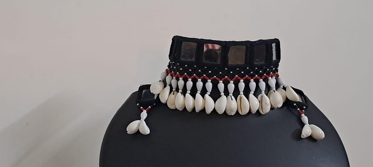 Handmade Kutch Glass work choker necklace with beads n shell fringes and glass work earrings