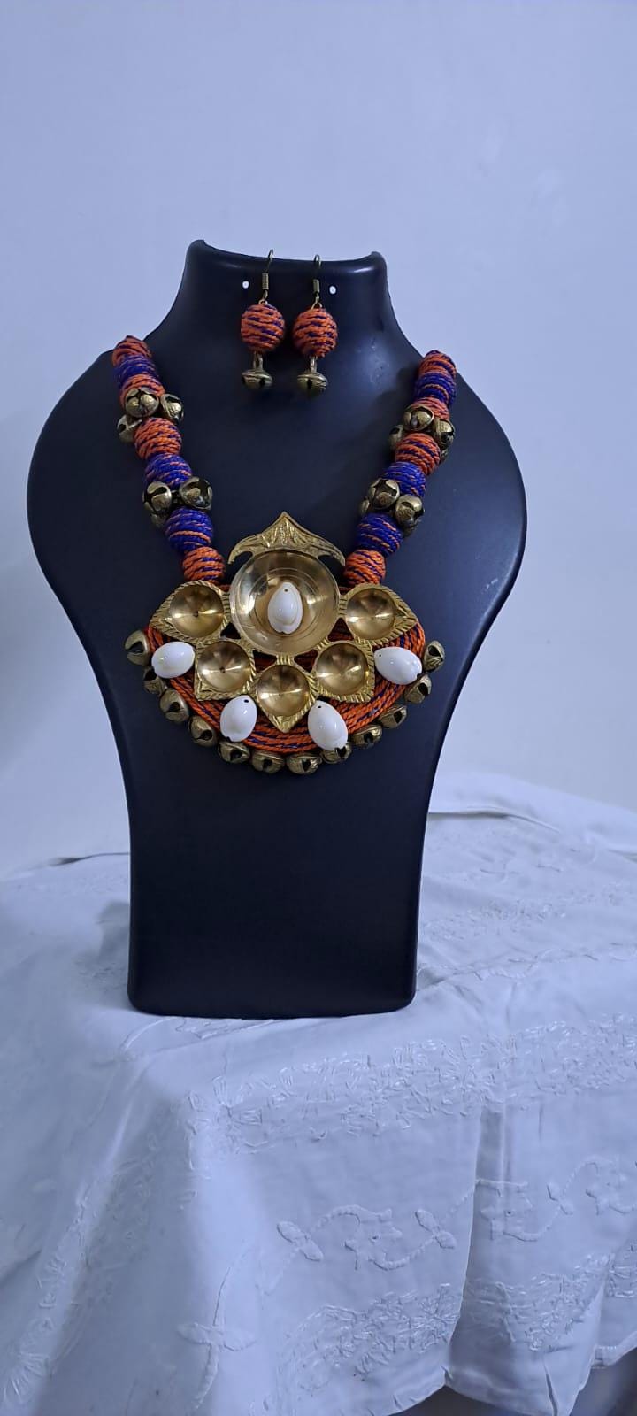 Blue Orange thread beads necklace set with dokra pendant n matching earrings