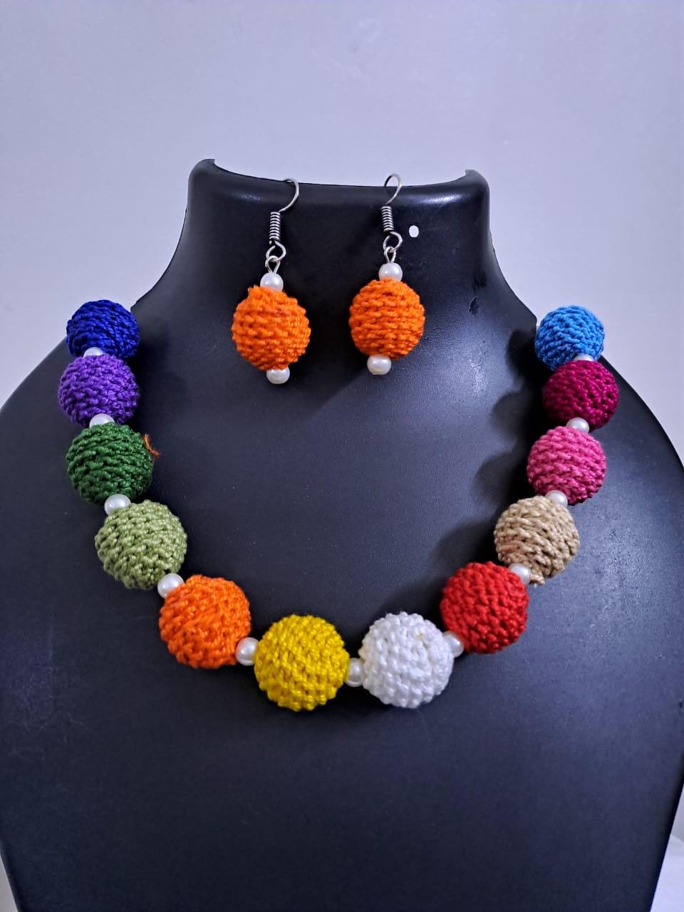Crochet thread beads necklace set with matching earrings