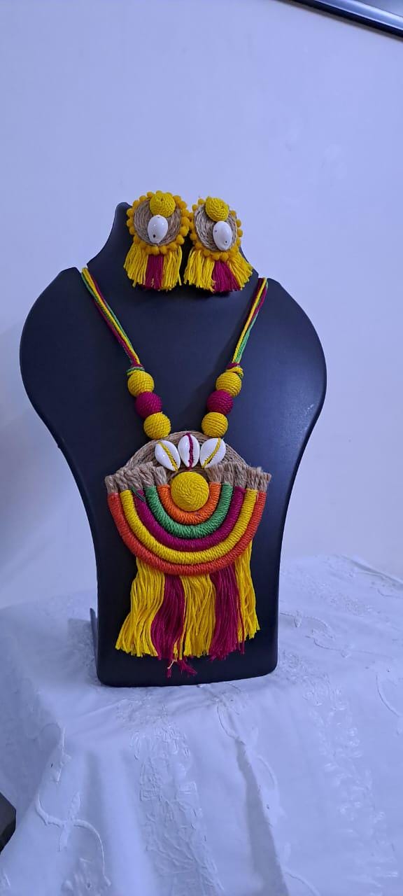 Exclusive multicoloured thread necklace set with jute n thread pendant n matching earrings