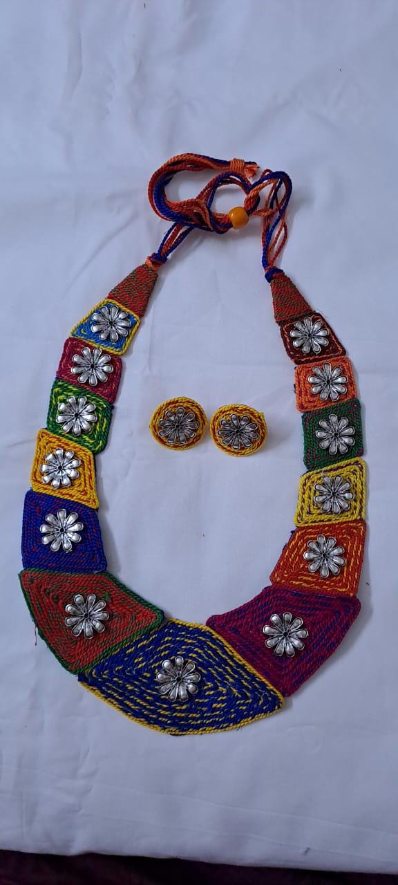 Exclusive  necklace set with multiple thread n  silver oxidised pendants n matching earrings