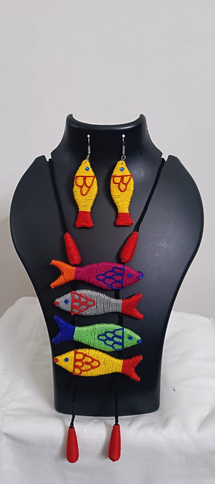Multi colour crochet thread necklace with fish pendant and matching thread earrings