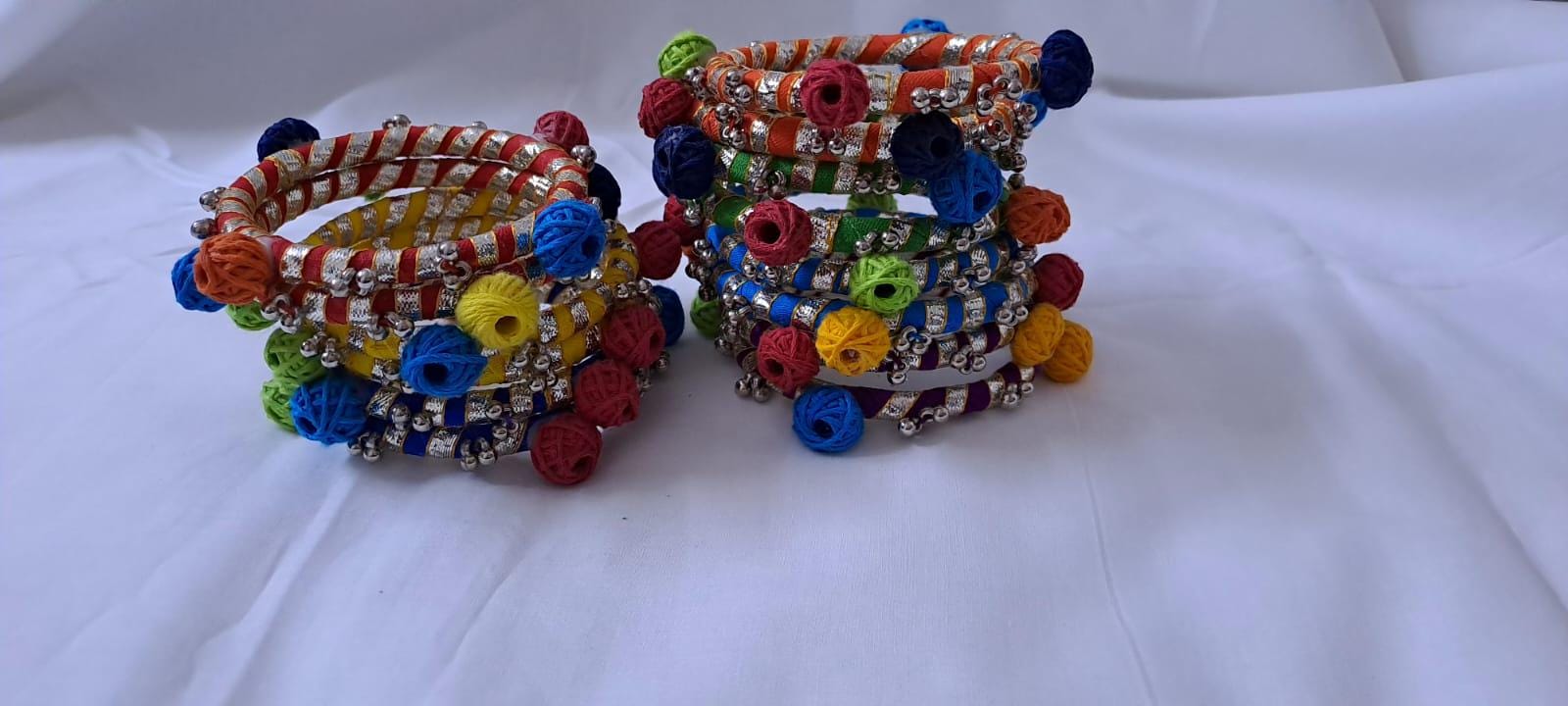 Multi colour traditional zari thread bangles with cotton beads (set of 14 bangles)