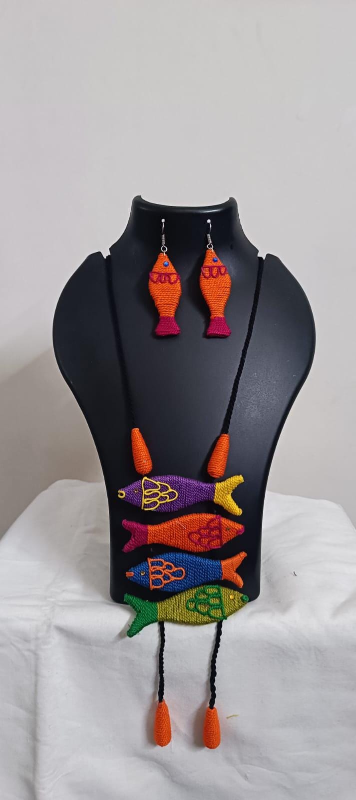 Multi colour crochet thread necklace with fish pendant and matching thread earrings