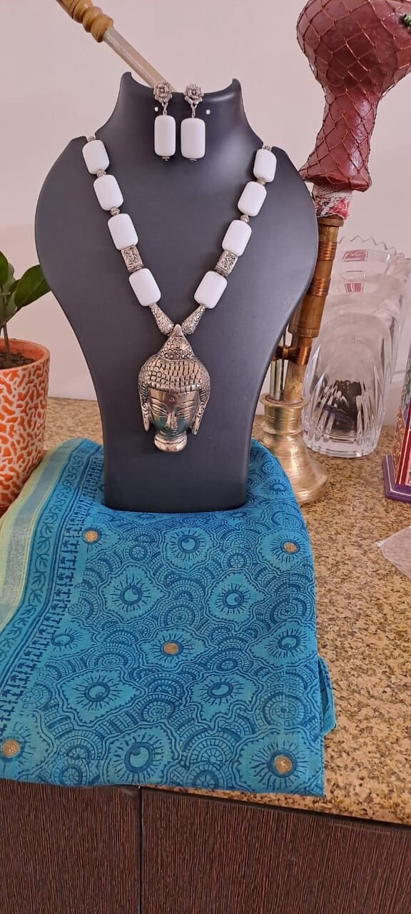 white square glass beads necklace with buddha pendant