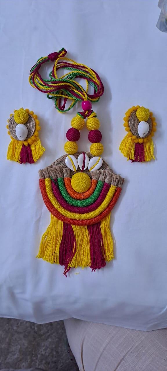 Exclusive multicoloured thread necklace set with jute n thread pendant n matching earrings