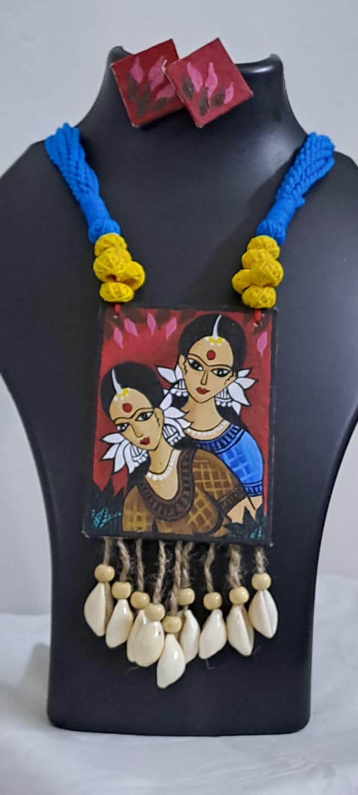 Handpainted fabric jewellery set with matching earrings