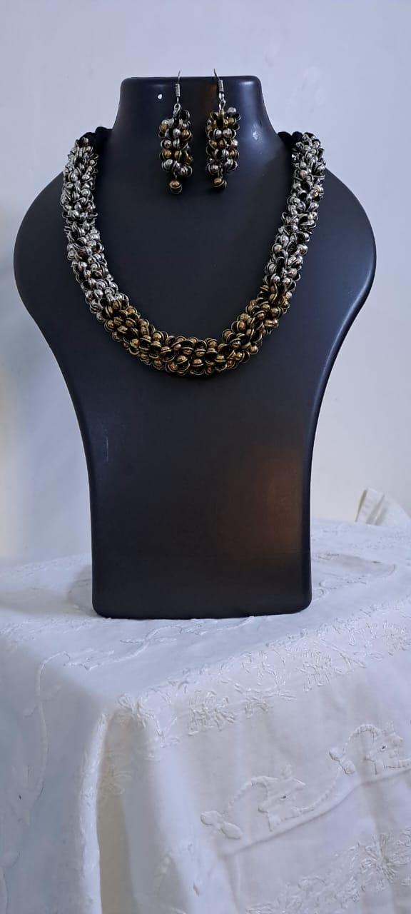 Exclusive silver oxidised traditional trinket beads necklace and matching earrings
