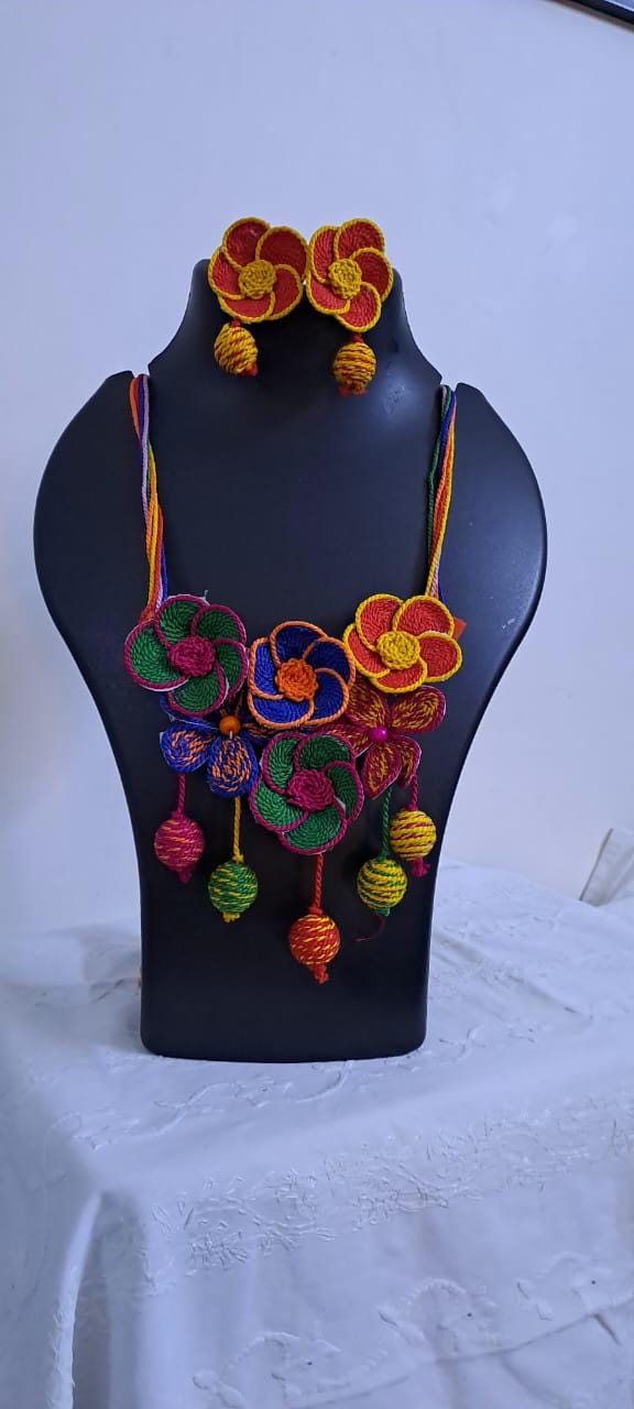 Multi colour flower thread necklace with thread bead fringes and matching earrings