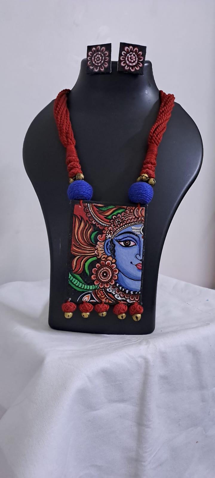 Handpainted fabric jewellery set with matching earrings