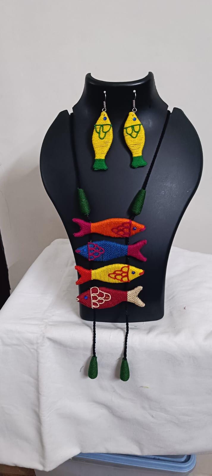 Multi colour crochet thread necklace with fish pendant and matching thread earrings