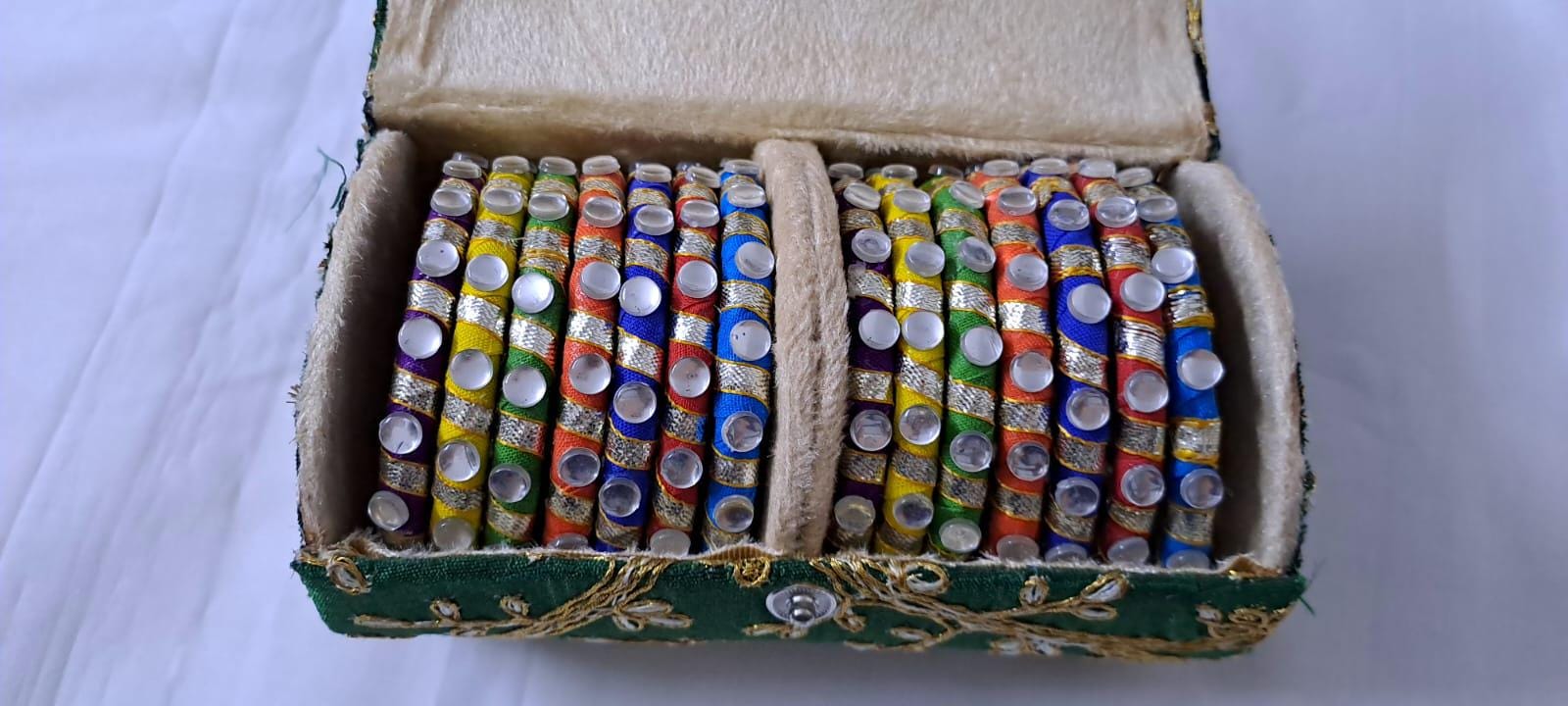 Multi colour traditional zari thread bangles with kundan (set of 14 bangles)