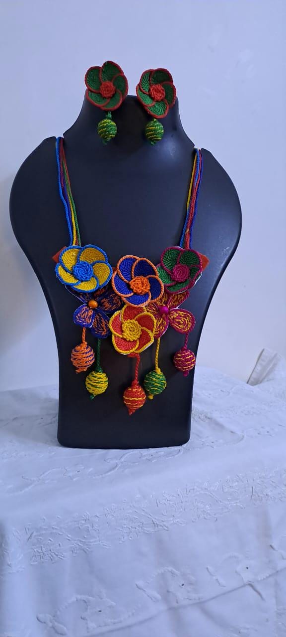 Multi colour flower thread necklace with thread bead fringes and matching earrings