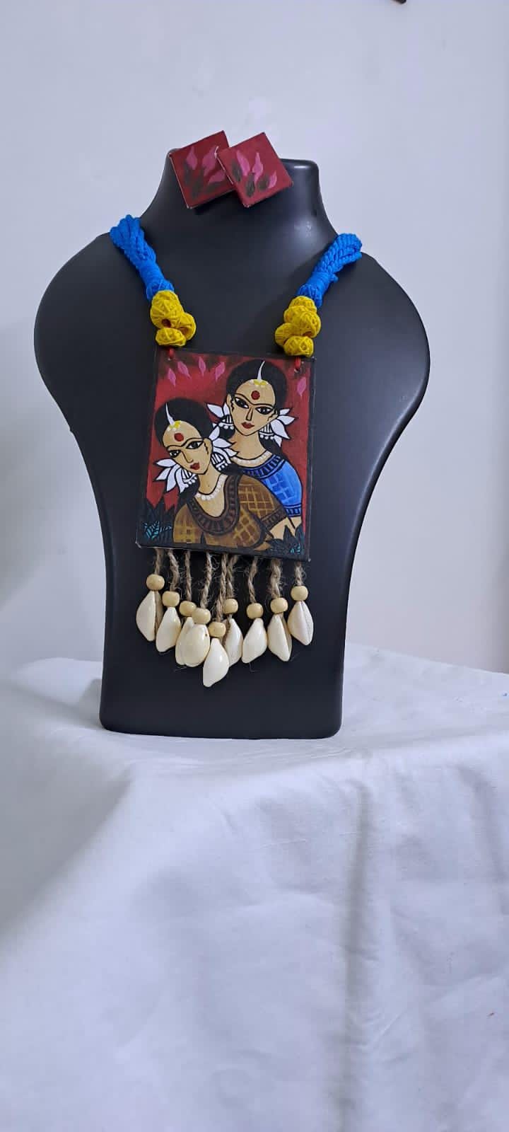 Handpainted fabric jewellery set with matching earrings