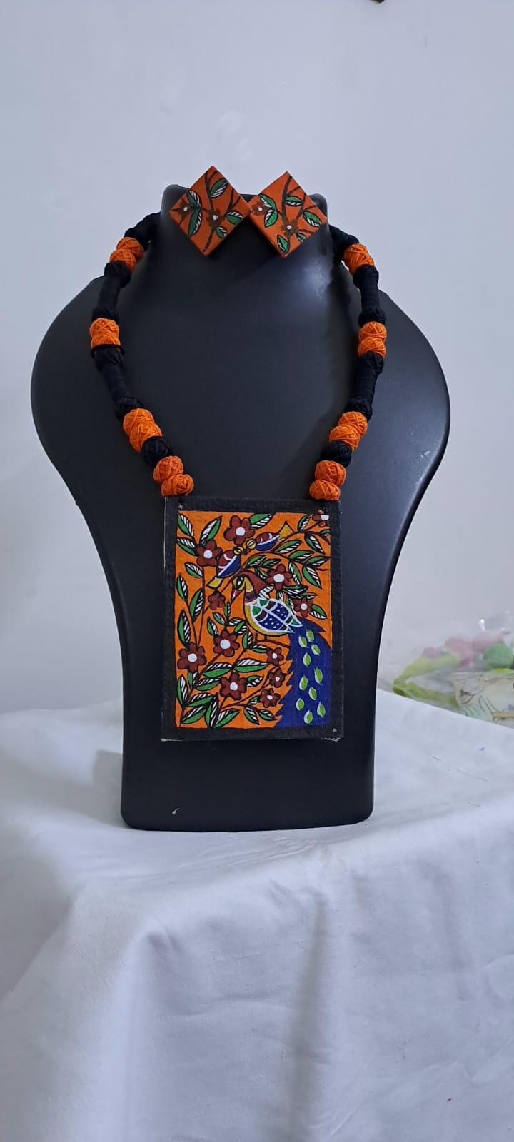 Handpainted fabric jewellery set with matching earrings