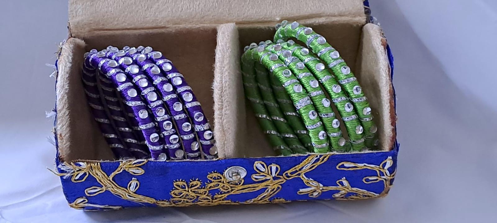 Purple and Green colour traditional kundan n gotta patti bangles with zari box  (set of 8 bangles)