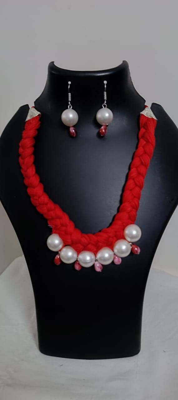 Red  braided thread necklace with pearl n pearl danglers