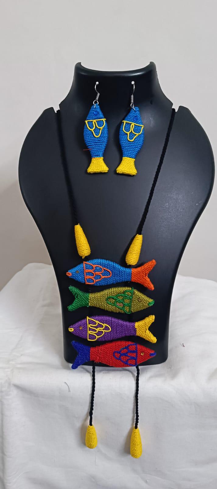 Multi colour crochet thread necklace with fish pendant and matching thread earrings