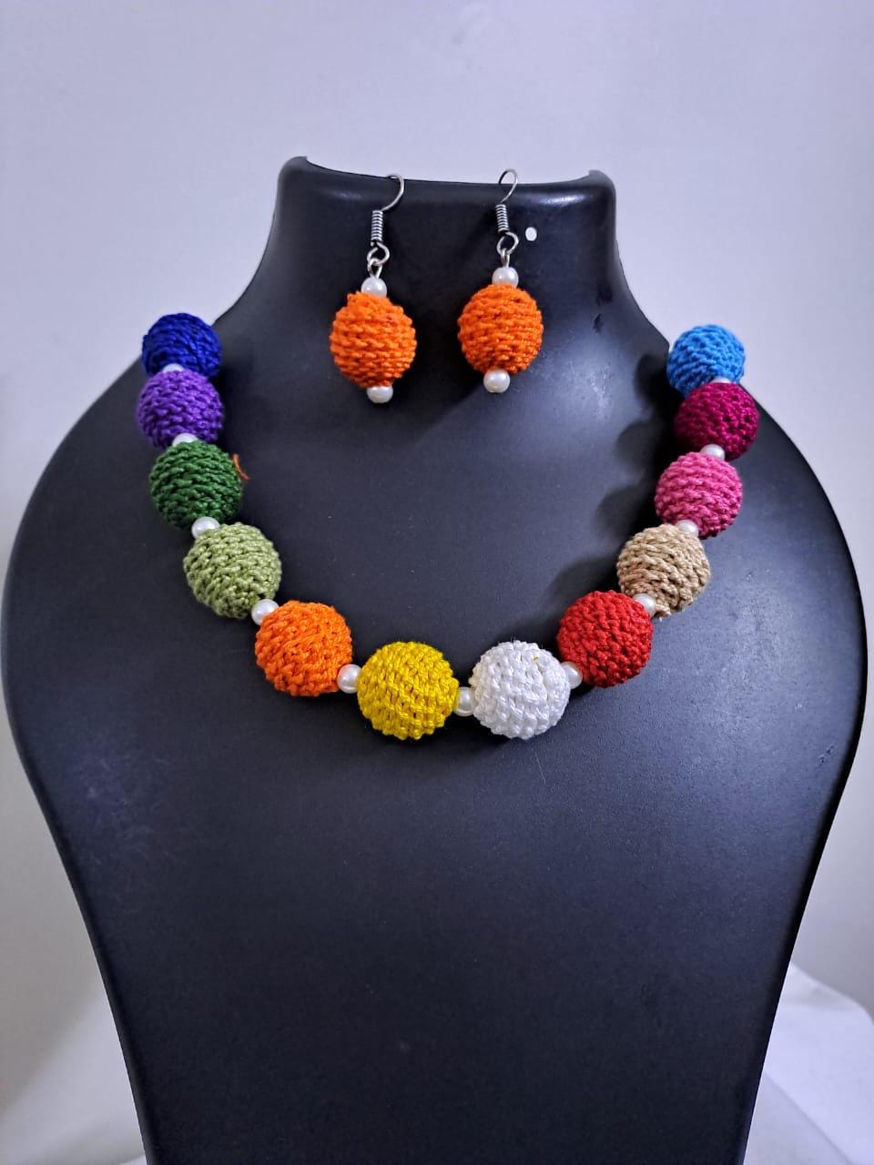 Crochet thread beads necklace set with matching earrings