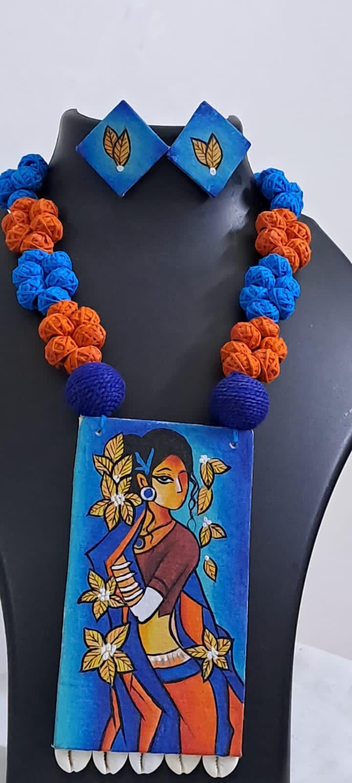 Handpainted fabric necklace set with earrings