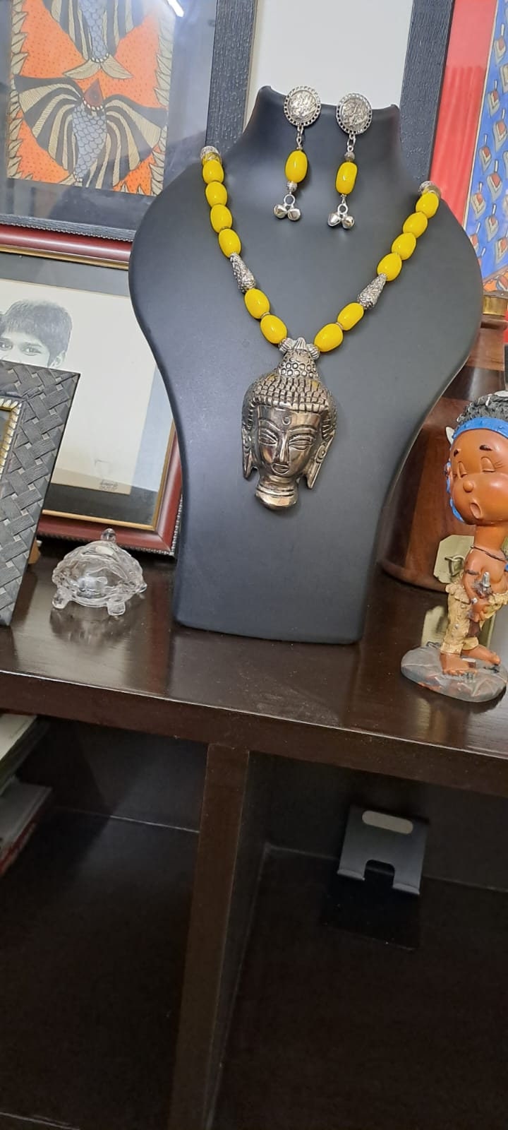 Yellow glass beads necklace with buddha pendant