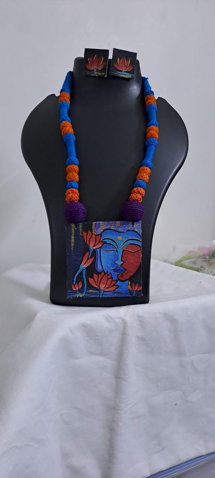 Handpainted fabric jewellery set with matching earrings
