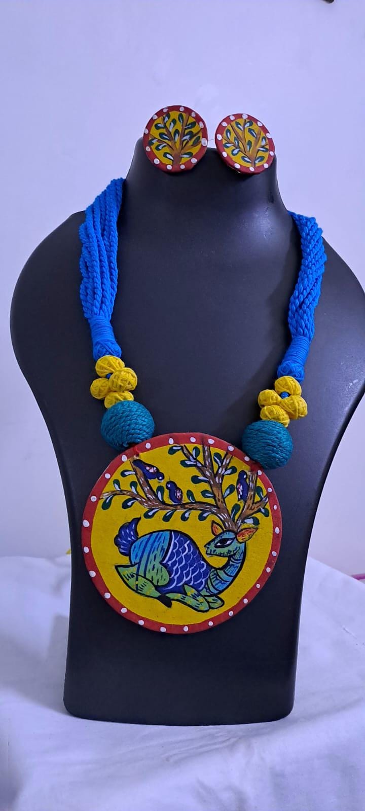 Handpainted fabric necklace set with earrings