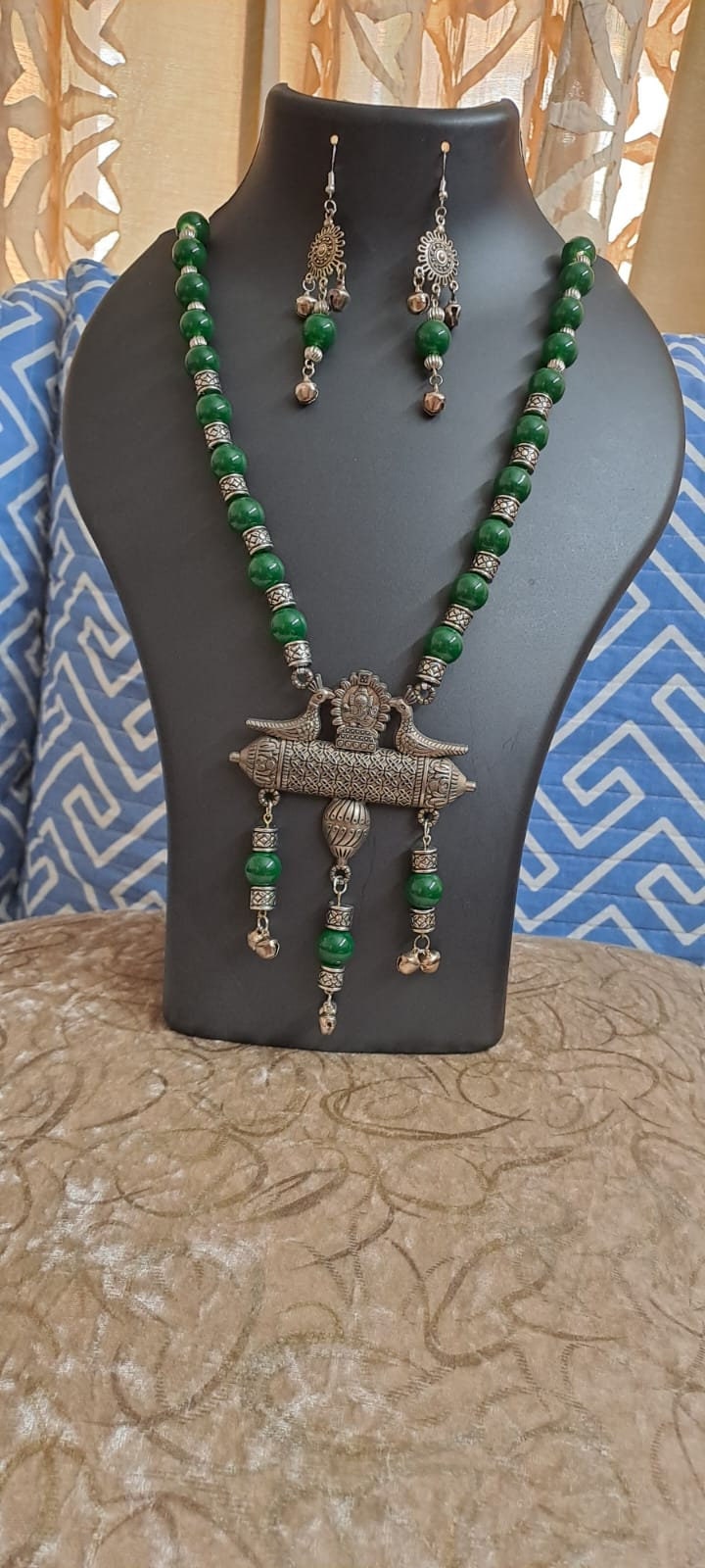 Green glass beads necklace with silver oxidised pendant
